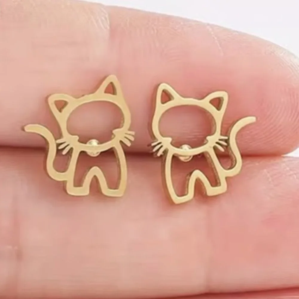 Gold Stainless Steel KITTY CAT Stud Earrings - Picture 1 of 3